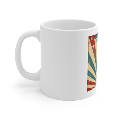 Retro Patriotic Starburst Coffee Mug – Vintage USA Stars & Stripes Mug – American Flag Inspired 11oz Ceramic Cup – Unique Americana Gift