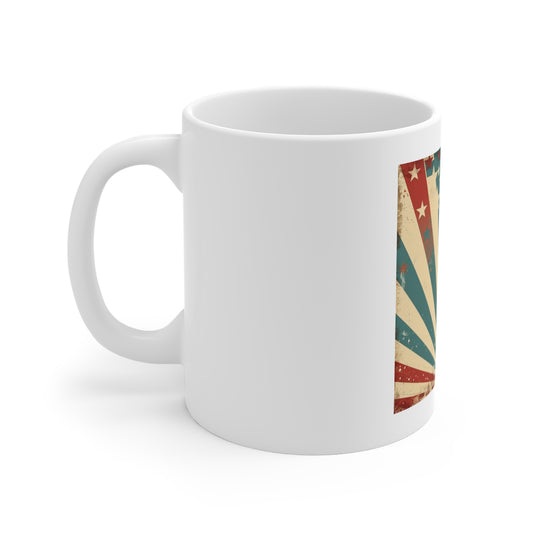 Retro Patriotic Starburst Coffee Mug – Vintage USA Stars & Stripes Mug – American Flag Inspired 11oz Ceramic Cup – Unique Americana Gift