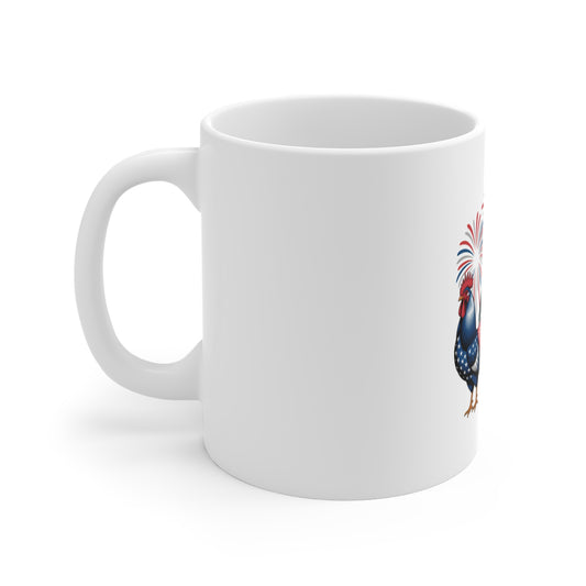Patriotic Rooster Mug — 11oz Americana Fireworks Coffee Cup