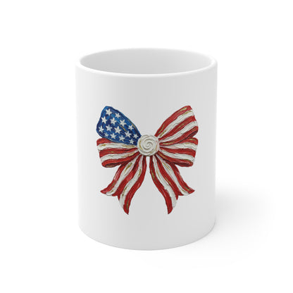 Patriotic American Flag Bow Mug — 11oz Fourth of July Tea & Coffee Cup