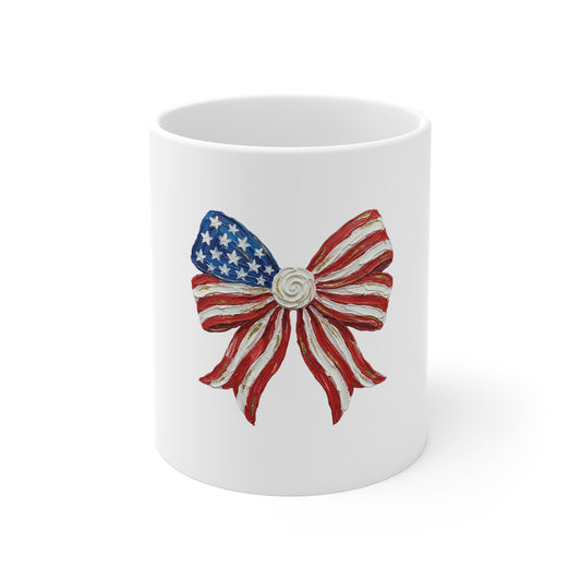 Patriotic American Flag Bow Mug — 11oz Fourth of July Tea & Coffee Cup