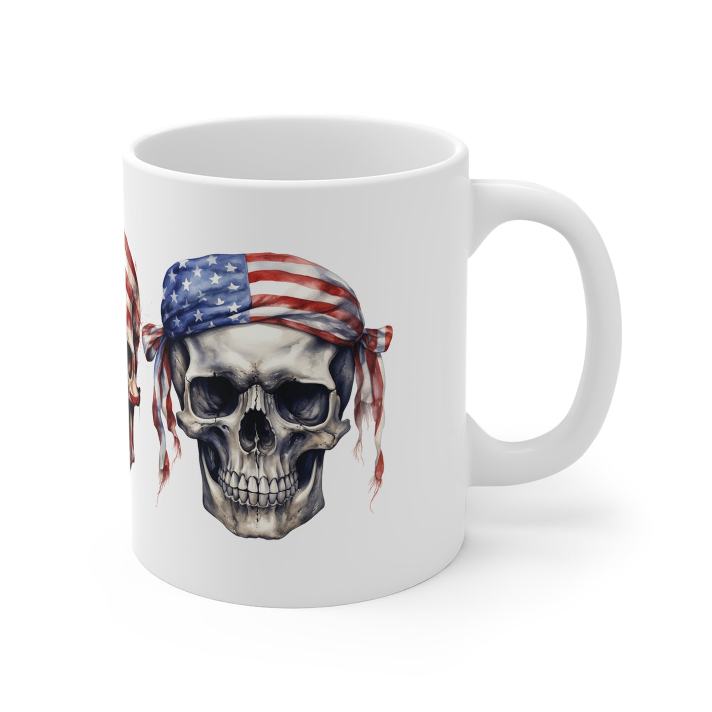 American Flag Skull Mug — 11oz Patriotic Bandana Skull Coffee Cup for Veterans & Bikers