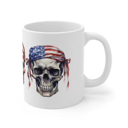 American Flag Skull Mug — 11oz Patriotic Bandana Skull Coffee Cup for Veterans & Bikers