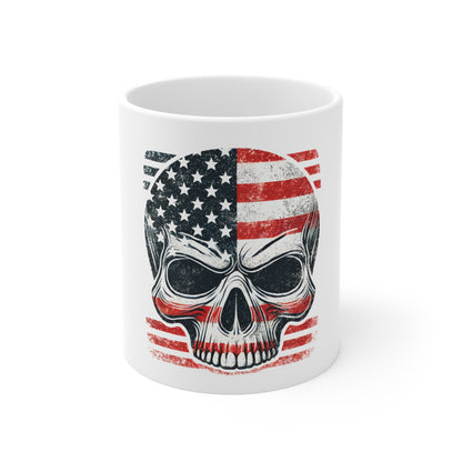 Distressed Patriotic Skull Coffee Mug – American Flag Skull Graphic Mug – Grunge USA Skull Badge Cup – Bold Retro Americana Gift Mug 11oz