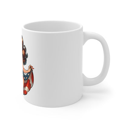 Americana Pin-Up Girl Coffee Mug – Vintage Patriotic Woman Mug – Retro USA Pinup Cup – Red White Blue Bombshell Gift Mug 11oz
