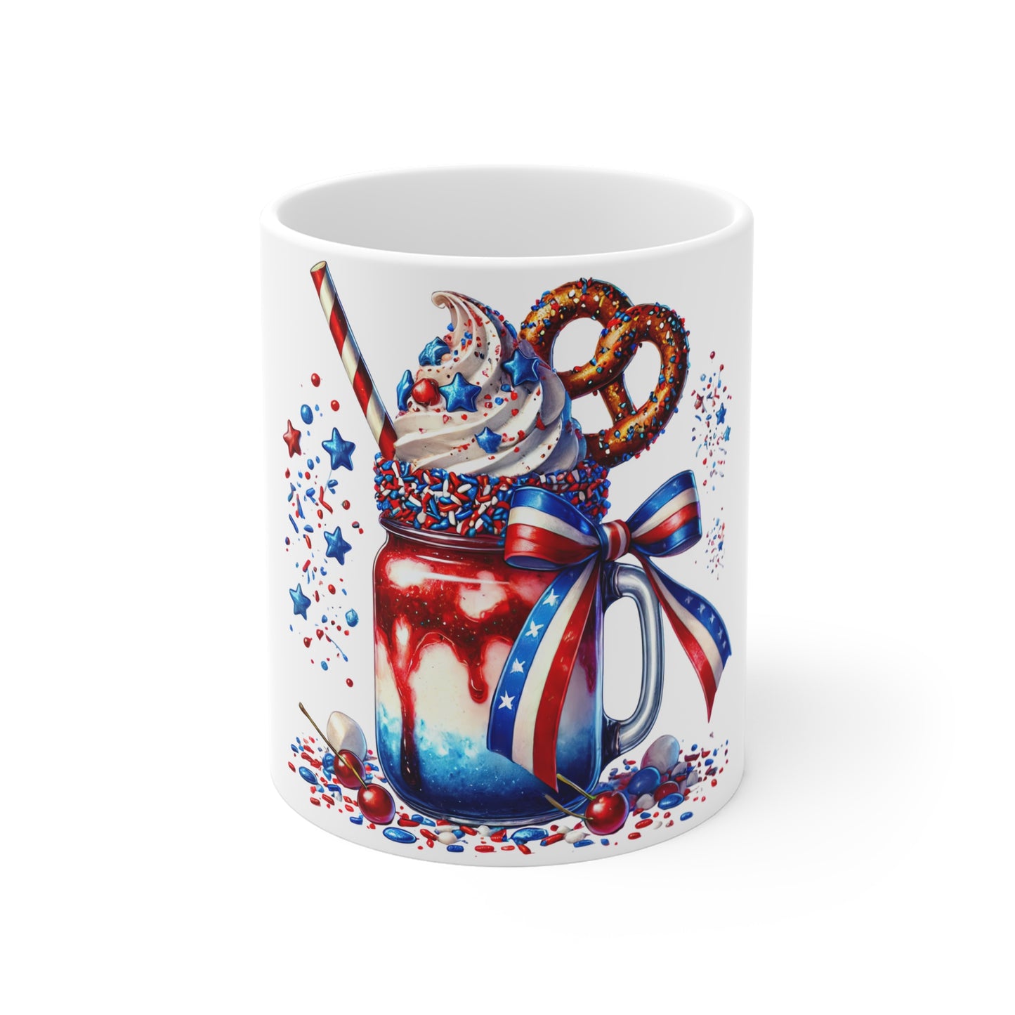 Patriotic Mason Jar Milkshake Coffee Mug – 4th of July Dessert Mug – Red White Blue Ribbon Cup – Americana Sweet Treat Mug – Festive Gift Mug Patriotic Red White & Blue Milkshake Mug – 11oz Fourth of...