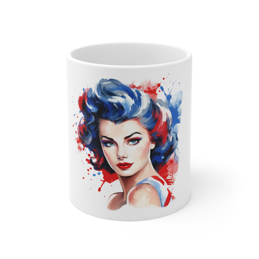 Patriotic Abstract Pin Up Mug – Bold Americana Portrait Coffee Mug – Red White Blue Watercolor Art Cup – Vintage Style USA Mug – Gift for Her Retro Pin-Up Art Coffee Mug — Blue & Red Watercolor Lady...