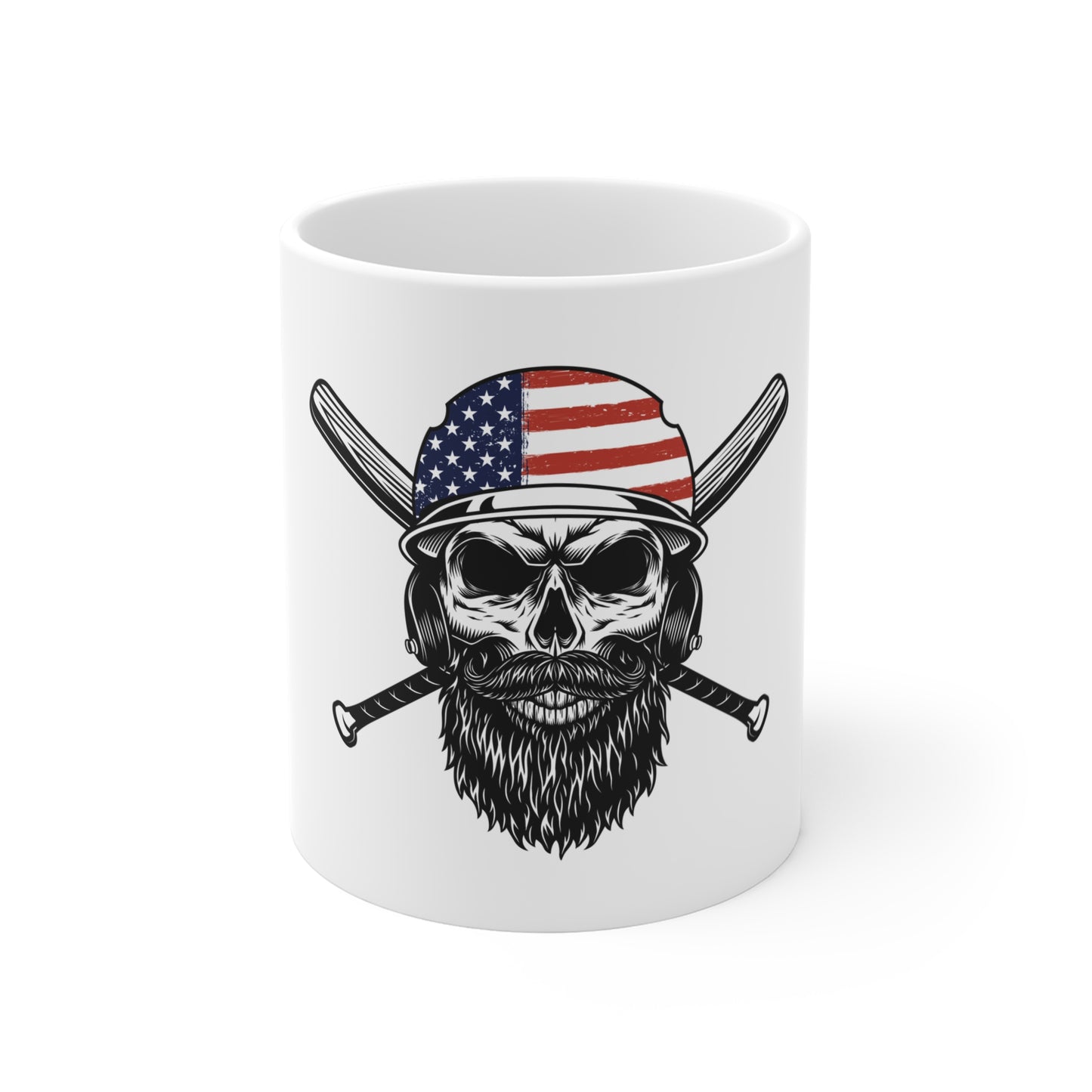 American Flag Baseball Skull Mug – Patriotic Skull Coffee Cup – USA Sports Freedom Design Mug 11oz