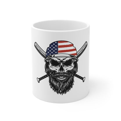 American Flag Baseball Skull Mug – Patriotic Skull Coffee Cup – USA Sports Freedom Design Mug 11oz