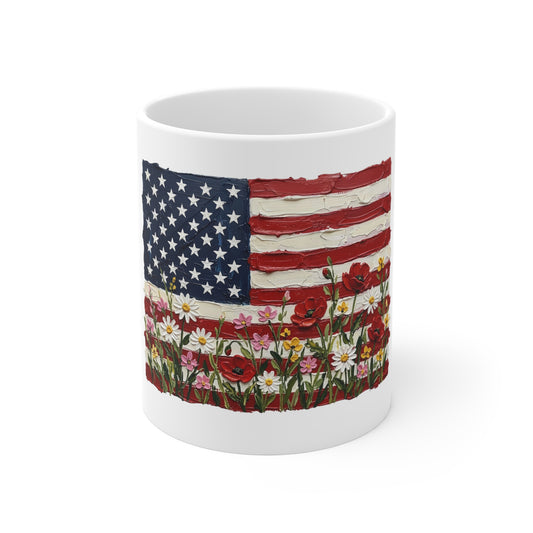 Patriotic Floral Flag Mug — American Flag with Wildflowers 11oz