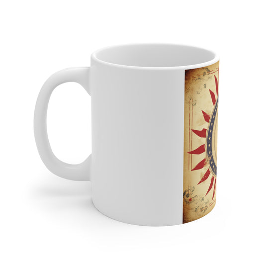 Vintage Patriotic Emblem Coffee Mug – Retro Americana Badge Mug – Distressed USA Star Circle Cup – Rustic Patriotic Design Mug Vintage Patriotic Sunburst Mug – Americana 11oz Coffee Cup