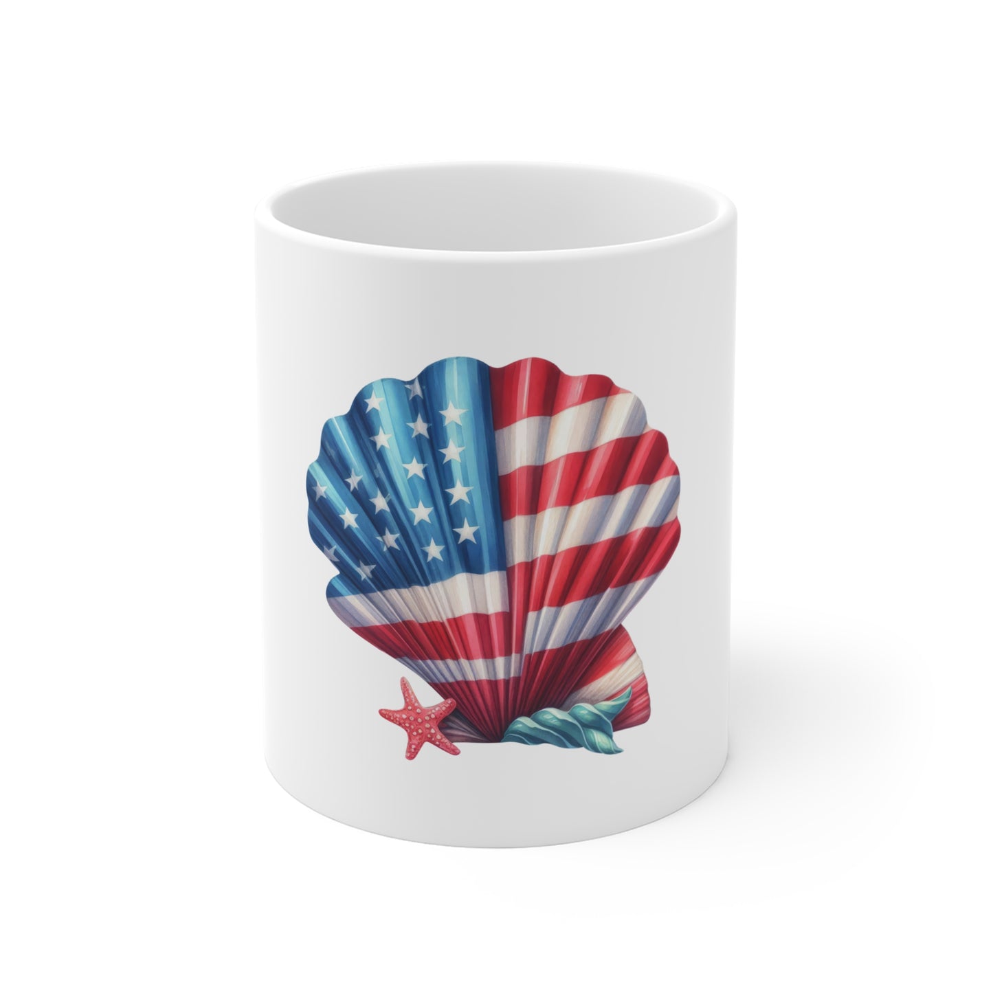 American Flag Seashell Mug — Patriotic 11oz Coffee Cup for 4th of July & Beach Lovers
