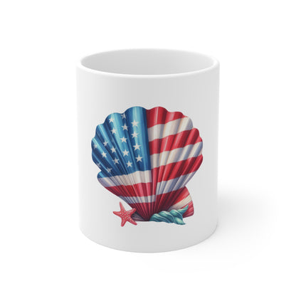 American Flag Seashell Mug — Patriotic 11oz Coffee Cup for 4th of July & Beach Lovers