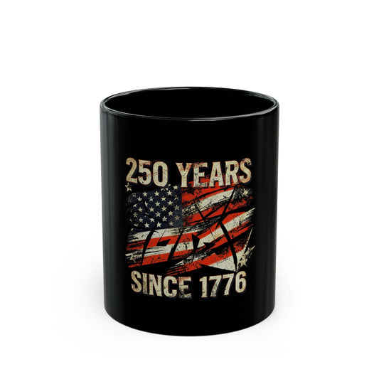 250 Years Since 1776 Black Coffee Mug – Vintage American Flag Patriotic Cup