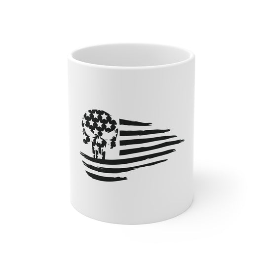 Distressed American Flag Skull Mug – Grunge USA Skull Coffee Mug – Patriotic Tactical Skull Cup – Vintage Style American Flag Mug Mug 11oz