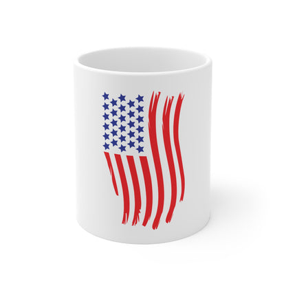Wavy Vertical American Flag Coffee Mug – Distressed USA Flag Mug – Flowing Patriotic Stripe Cup – Red White Blue Gift Mug 11oz