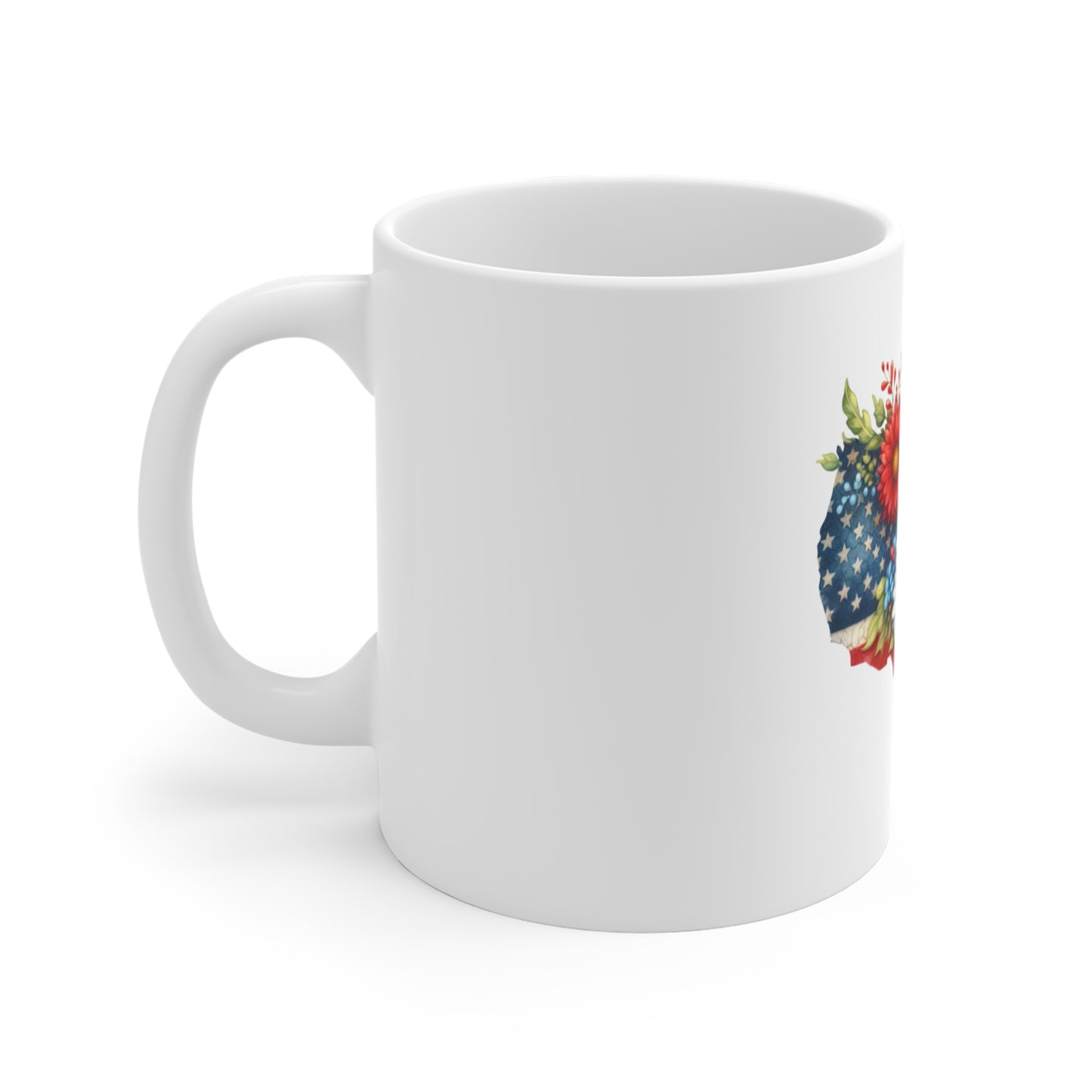 Patriotic USA Floral Map Coffee Mug – 11oz American Flag Flowers Tea Cup