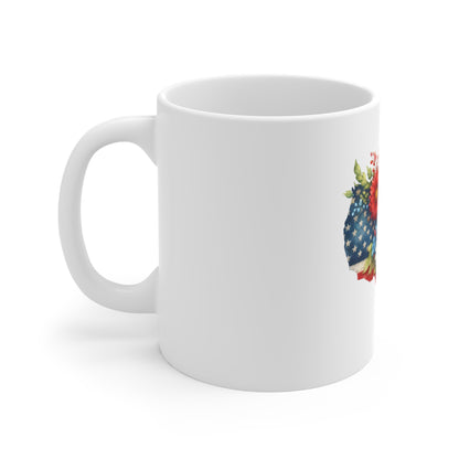 Patriotic USA Floral Map Coffee Mug – 11oz American Flag Flowers Tea Cup