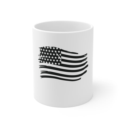 Blacked-Out Waving American Flag Coffee Mug – Stealth USA Flag Mug – Minimalist Patriotic Cup – Subdued Flag Design Mug 11oz
