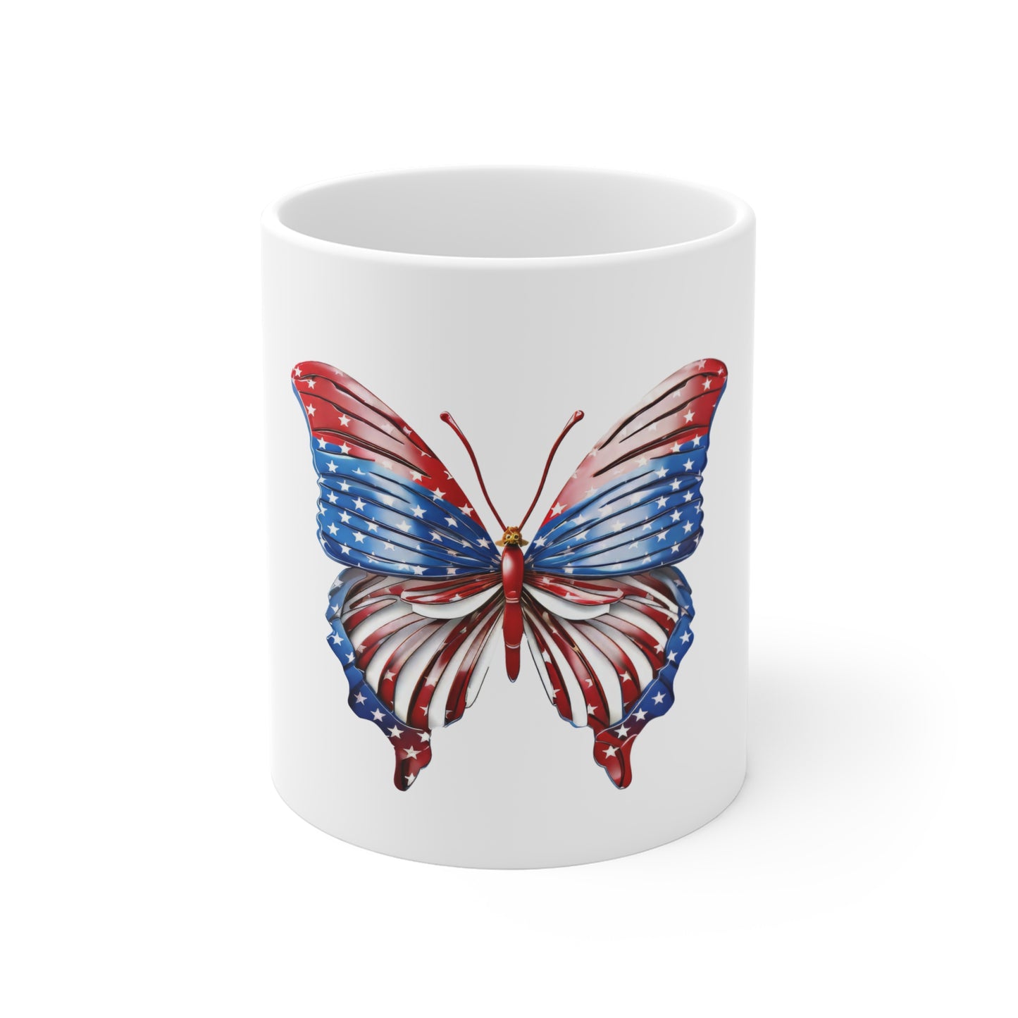 Glossy American Flag Butterfly Mug – Elegant Patriotic Butterfly Coffee Mug – Red White Blue Shine Finish – Premium USA Gift Patriotic Butterfly Mug – American Flag 11oz Coffee Cup
