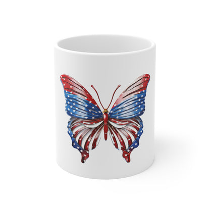 Glossy American Flag Butterfly Mug – Elegant Patriotic Butterfly Coffee Mug – Red White Blue Shine Finish – Premium USA Gift Patriotic Butterfly Mug – American Flag 11oz Coffee Cup