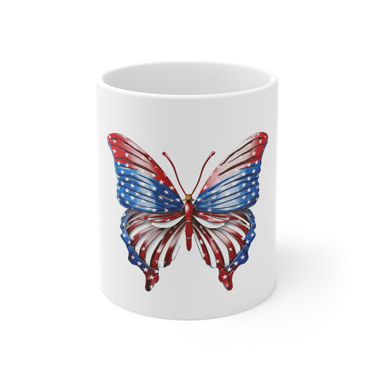 Glossy American Flag Butterfly Mug – Elegant Patriotic Butterfly Coffee Mug – Red White Blue Shine Finish – Premium USA Gift Patriotic Butterfly Mug – American Flag 11oz Coffee Cup