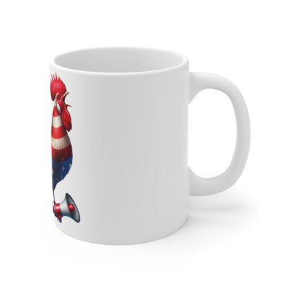 Patriotic Rooster Coffee Mug – American Flag Chicken with Megaphone – Funny USA Rooster Mug – Red White Blue Gift American Flag Rooster 11oz Coffee Mug – Patriotic Fourth of July Gift
