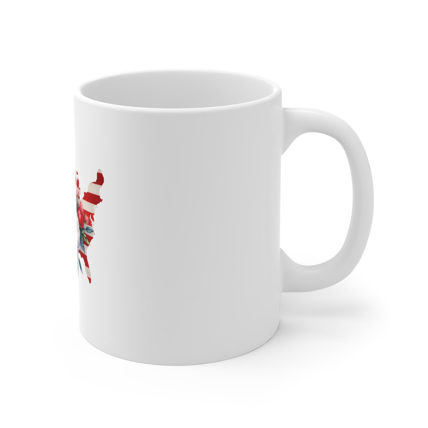 Patriotic Floral USA Map Mug — American Flag with Red & White Roses (11 oz)