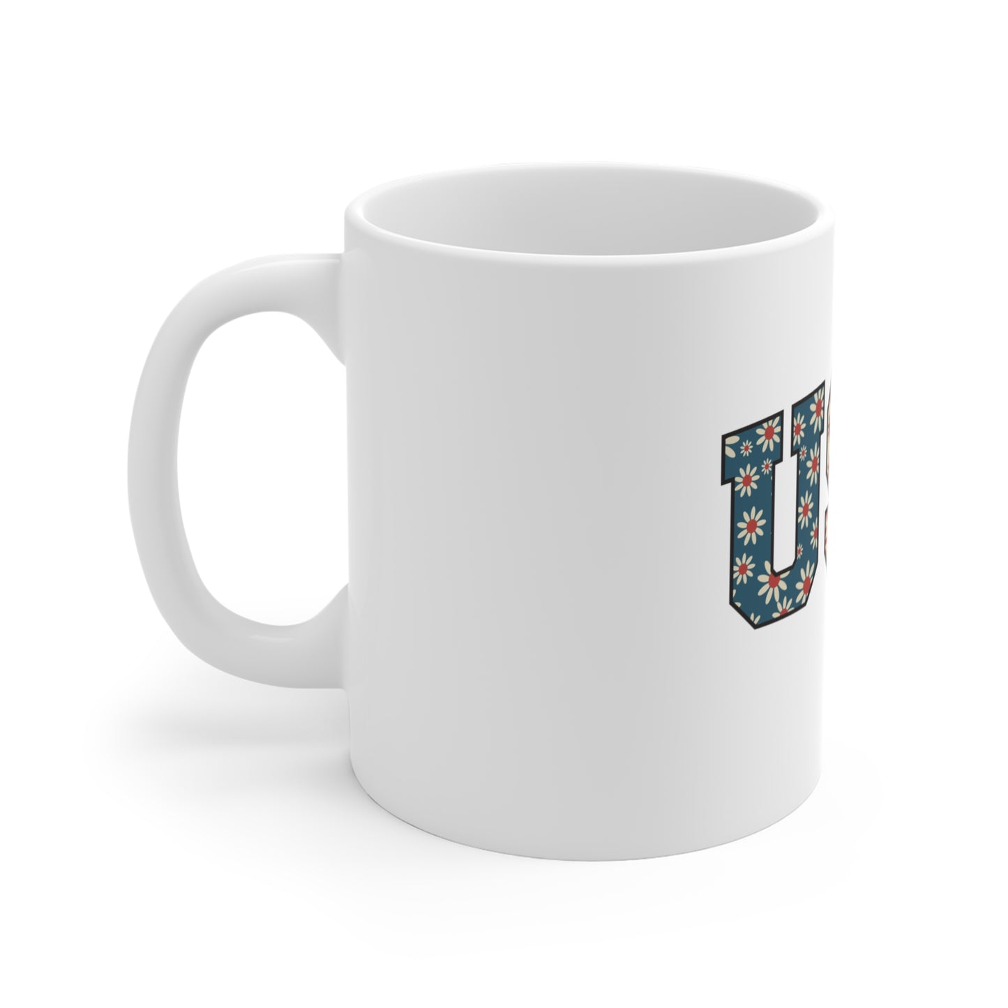 Floral USA Varsity Mug – Patriotic Flower Pattern Coffee Mug – Retro Americana Daisy USA Cup – Vintage Style USA Gift Mug 11oz