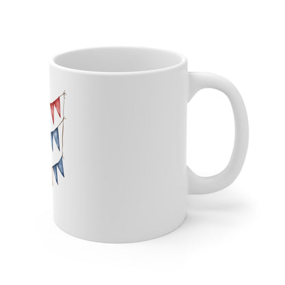 Patriotic Bunting Ceramic Mug - 11oz Red White Blue Banner Coffee Cup
