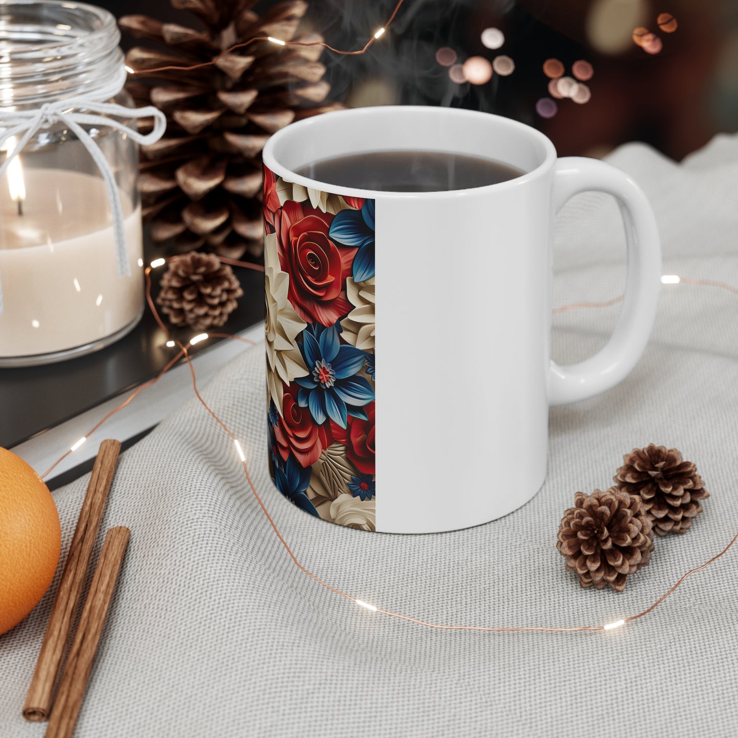 Patriotic 3D Rose Floral Coffee Mug – Red White Blue Sculpted Flower Mug – Layered Botanical Art Cup – Premium Americana Mug Floral Patriotic Mug — Red, White & Blue Paper Rose Pattern 11oz