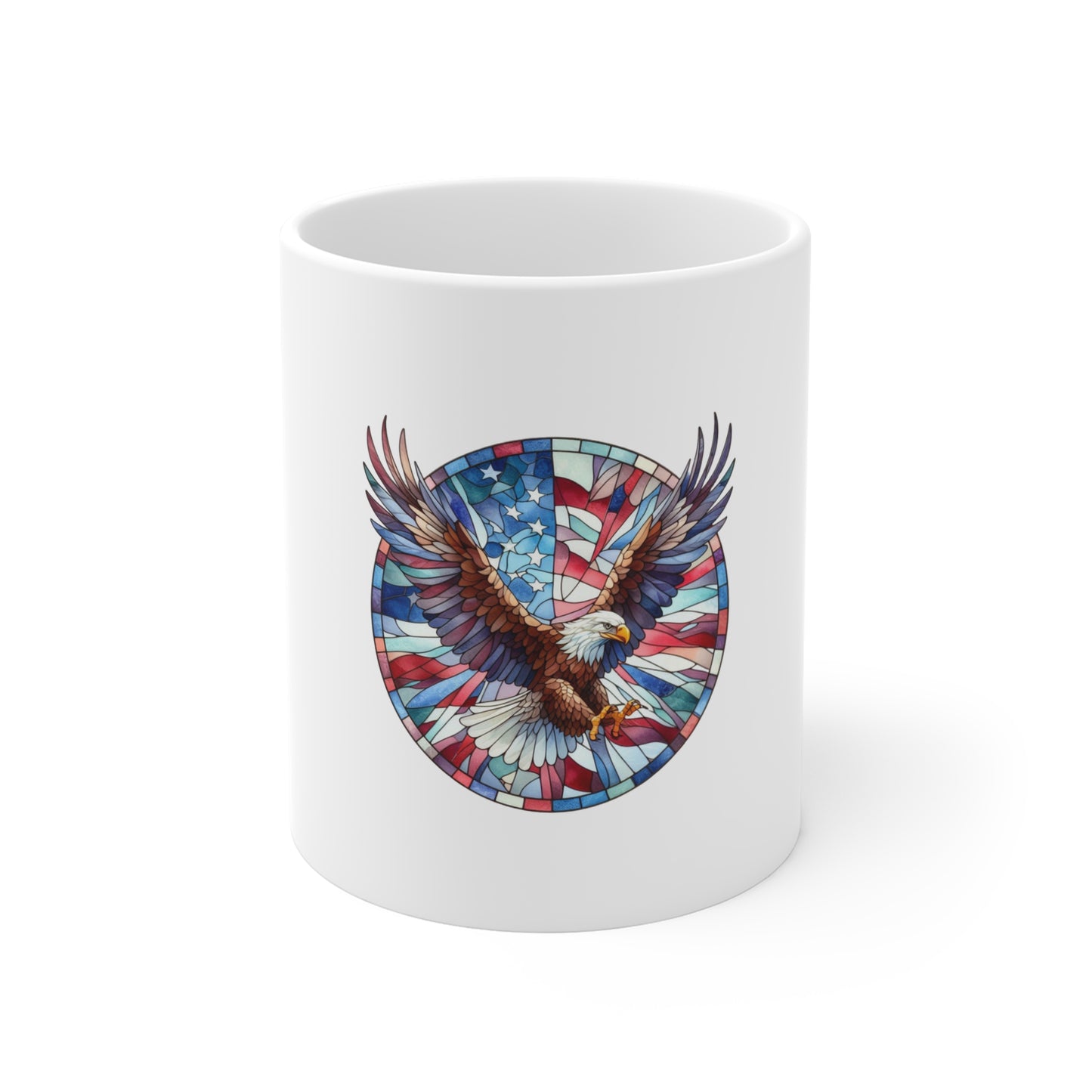 Stained Glass American Eagle Mug – Patriotic Bald Eagle Coffee Mug – USA Freedom Bird Cup – Red White Blue Americana Gift Mug 11oz