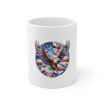 Stained Glass American Eagle Mug – Patriotic Bald Eagle Coffee Mug – USA Freedom Bird Cup – Red White Blue Americana Gift Mug 11oz