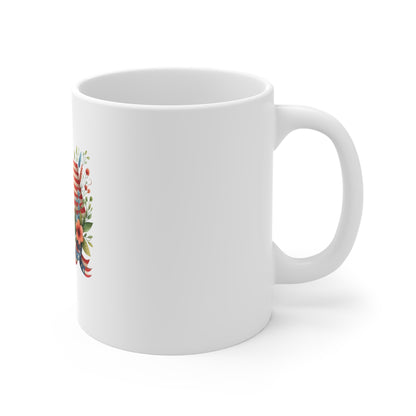 Patriotic Floral Flag Mug — American Flag with Red & Blue Flowers, 11oz