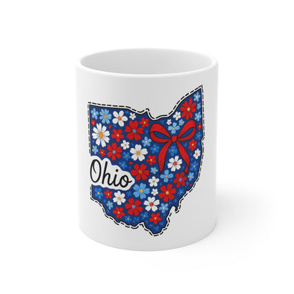 Ohio Floral State Map Coffee Mug – 11oz Patriotic Red & Blue Daisy Design