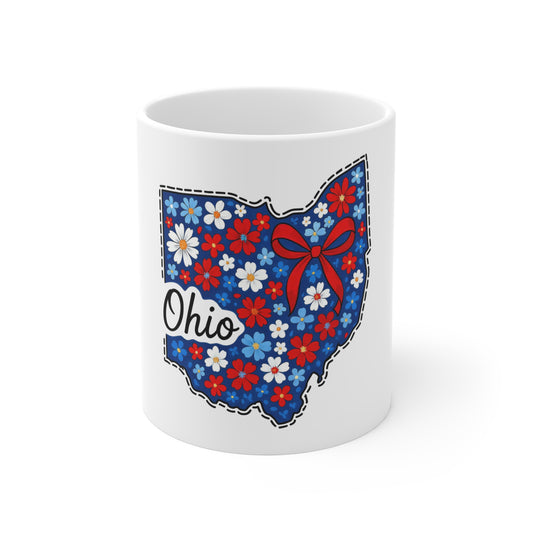 Ohio Floral State Map Coffee Mug – 11oz Patriotic Red & Blue Daisy Design