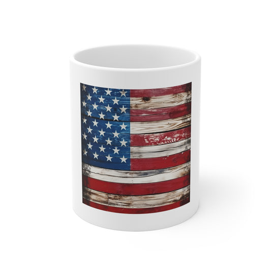 Weathered American Flag Wood Coffee Mug – Classic Distressed USA Flag Mug – Rustic Painted Wood Plank Cup – Vintage Americana Gift Rustic American Flag Coffee Mug – Patriotic 11oz Ceramic Gift for...