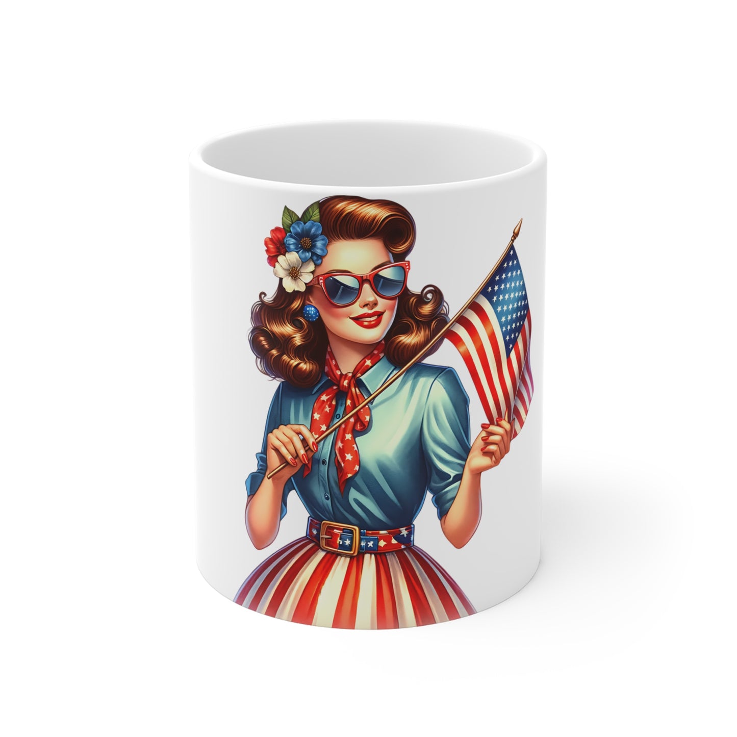 Patriotic Retro Woman Mug – American Flag Pin Up Coffee Mug – Vintage USA Style Cup – 4th of July Gift – Classic Americana Mug Patriotic Pin-Up Girl 11oz Coffee Mug — Vintage Americana Flag Design...