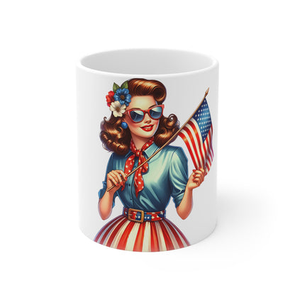 Patriotic Retro Woman Mug – American Flag Pin Up Coffee Mug – Vintage USA Style Cup – 4th of July Gift – Classic Americana Mug Patriotic Pin-Up Girl 11oz Coffee Mug — Vintage Americana Flag Design...