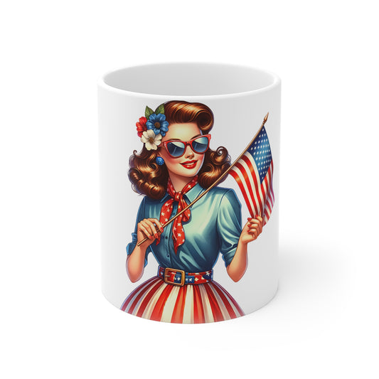Patriotic Retro Woman Mug – American Flag Pin Up Coffee Mug – Vintage USA Style Cup – 4th of July Gift – Classic Americana Mug Patriotic Pin-Up Girl 11oz Coffee Mug — Vintage Americana Flag Design...