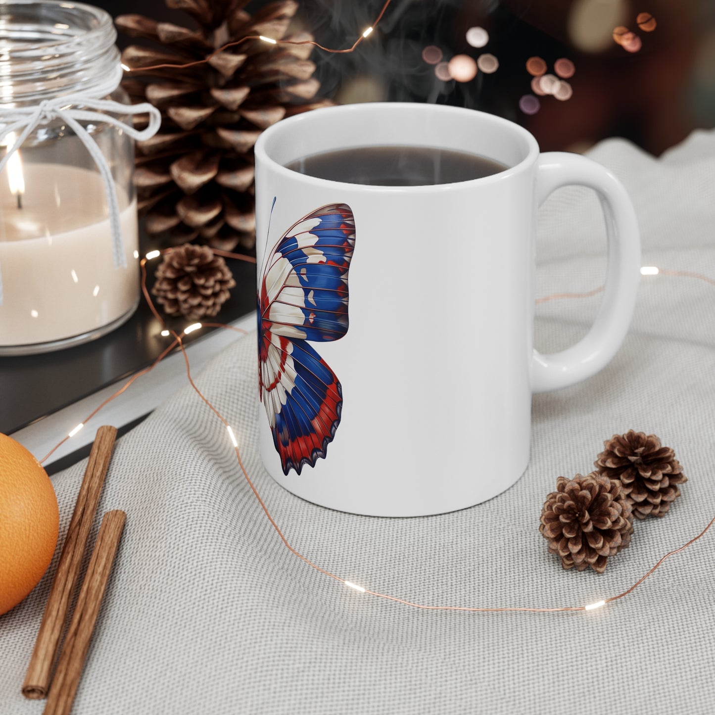 Patriotic Red White Blue Butterfly Mug – Bold Americana Butterfly Coffee Mug – Vibrant USA Art Cup – Modern Patriotic Gift Mug Mug 11oz