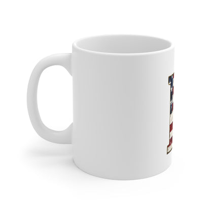 Patriotic Letter M Coffee Mug – American Flag Initial Mug – Rustic USA Monogram Mug – Vintage Americana Alphabet Gift Mug 11oz