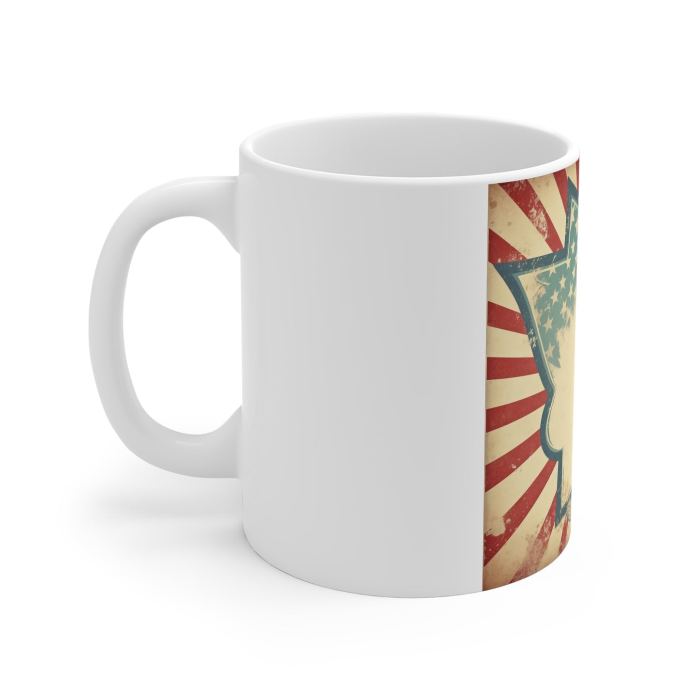 Vintage Patriotic Badge Coffee Mug – Distressed Americana Frame Mug – Retro USA Starburst Design Cup – Rustic Custom Style MugVintage American Flag Retro Badge Mug — Patriotic 11oz Coffee Cup