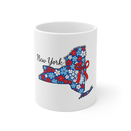 New York Floral State Outline 11oz Coffee Mug — Red & Blue Flower Pattern with Ribbon