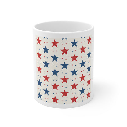 Classic Americana Star Coffee Mug – Red Blue Star Pattern Mug – Simple Patriotic Stars Cup – Clean Minimalist Americana Mug Patriotic Red & Blue Star Pattern Mug — 11oz Ceramic Coffee Cup