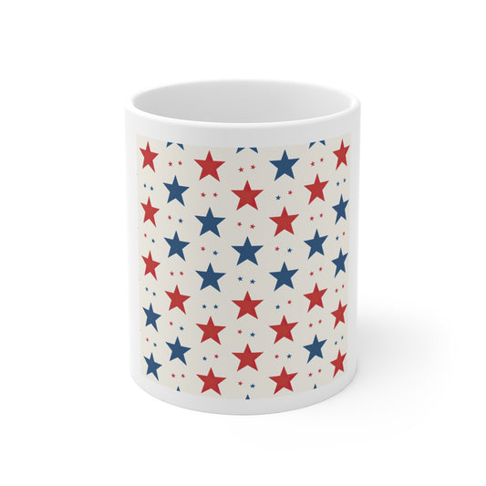 Classic Americana Star Coffee Mug – Red Blue Star Pattern Mug – Simple Patriotic Stars Cup – Clean Minimalist Americana Mug Patriotic Red & Blue Star Pattern Mug — 11oz Ceramic Coffee Cup