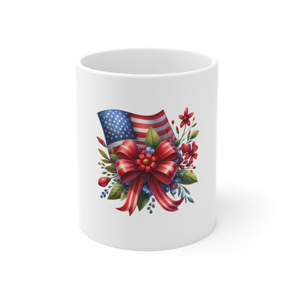 American Flag Floral Mug – Patriotic Red Bow 11oz Coffee Cup
