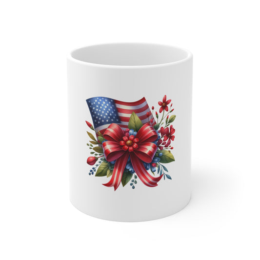 American Flag Floral Mug – Patriotic Red Bow 11oz Coffee Cup