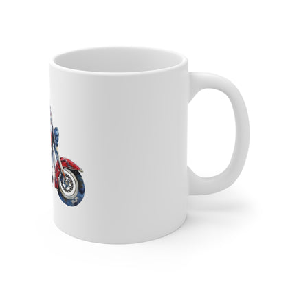 Patriotic Motorcycle with American Flag Mug – USA Biker Coffee Mug – Freedom Rider Flag Bike Cup – Vintage Americana Gift 11oz