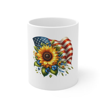 Sunflower & American Flag 11oz Mug — Patriotic Floral Coffee Cup
